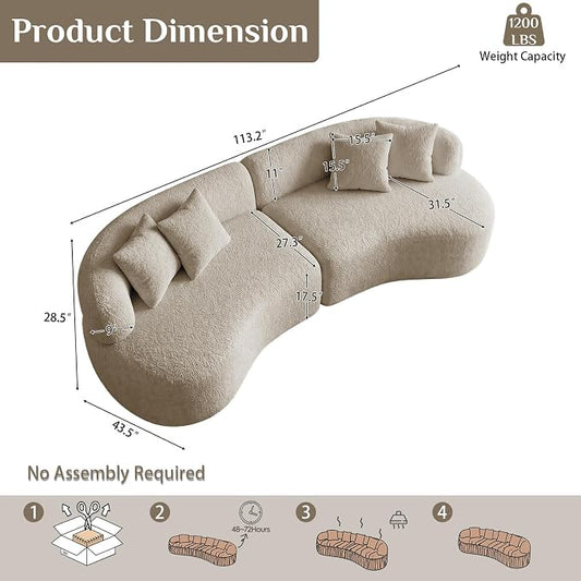 113" Curved Sectional Sofa Modern Cream Cloud Couch Modular Sectional Couches for Living Room Boneless Cloud Sofa Boucle Loveseat Comfy Chenille Deep Seat with 4 Pillows, Light Brown