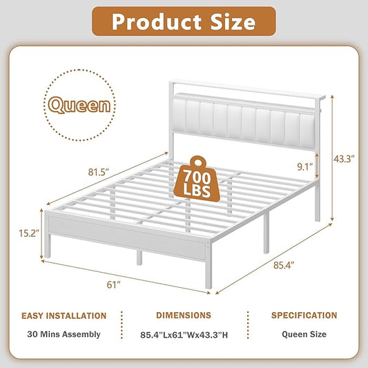 Furnulem White Queen Bed Frame with Charging Station & Led Lights, PU Leather Upholstered Headboard with 2-Tier Storage Shelves, No Box Spring Needed, Metal Slat Support, Easy Assembly