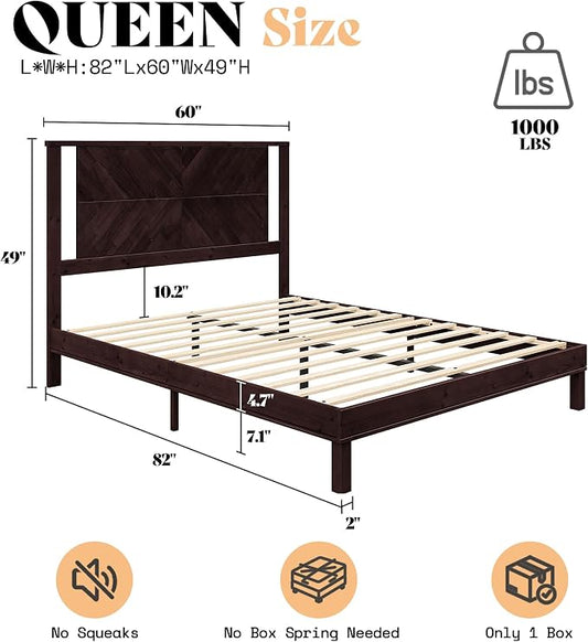 AMERLIFE Solid Wood Queen Size Bed Frame with Headboard, Rustic Style Platform Bed Frame with Under-Bed Storage, No Box Spring Needed, Noise Free, Easy Assembly, Dark Brown