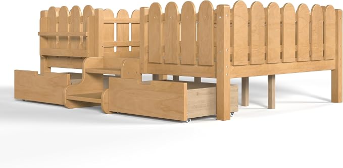 Bellemave Full Kids Montessori Bed with Stairs, Bookshelf and LED Lights, Solid Wood Kids Bed Frame with Storage Drawers for Boys Girls, Low Profile,Natural