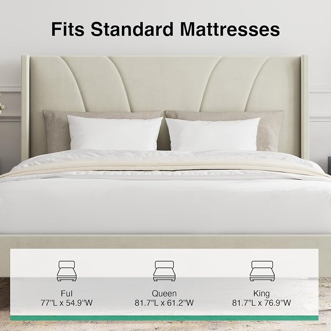 Novilla Bed Frame Queen Size, Queen Bed Frame with Headboard, Velvet Upholstered Wing Side Headboard, No Box Spring Needed, Heavy Duty Feet, Easy Assembly, White Velvet