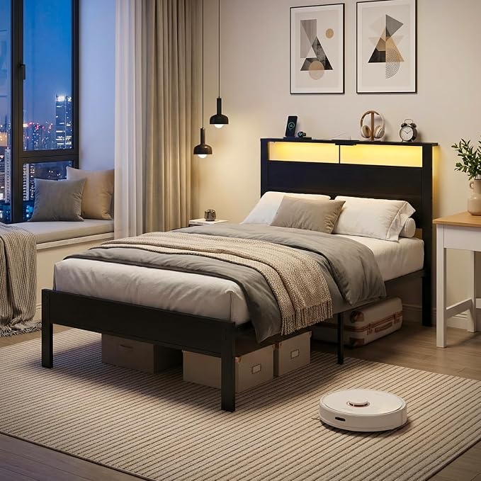 Black Twin Bed Frame with LED Lights and USB Charging Station, Modern Metal Platform Bed with Storage Headboard and Under-Bed Space, Noise Free, Sturdy Frame, No Box Spring Needed, Easy Assembly