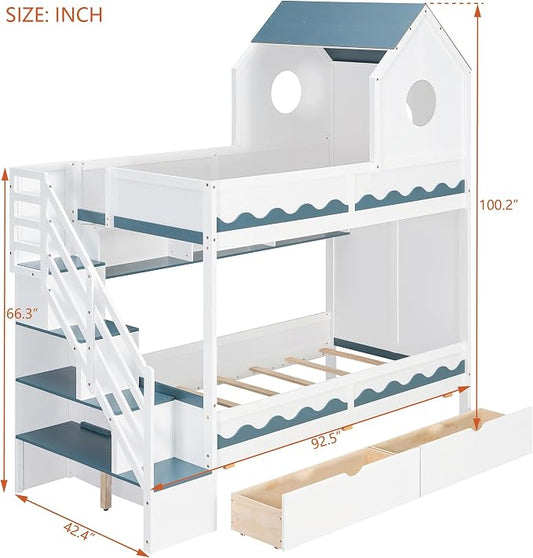 Virubi Twin House Bunk Bed with Stairs and Drawers,Wood Castle Bed with Storage Drawers Shelves& LED Lights (Twin Over Twin,White)