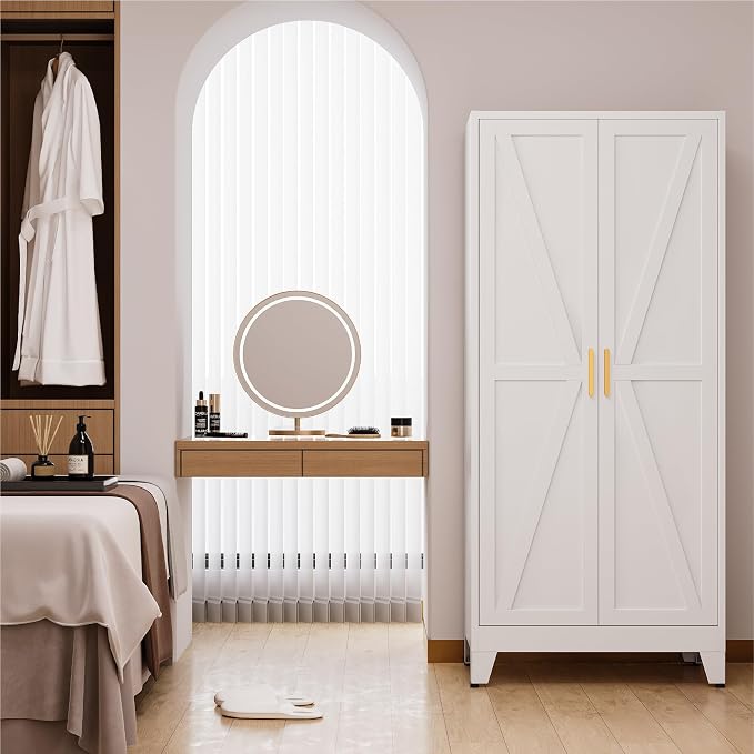 71" Tall Metal Armoire Wardrobe Closet with Hanging Rod and 3 Adjustable Shelves,White Storage Cabinet,Steel Wardrobe for Bedroom Garage Laundry Room Office Apartment Amployees,6 Tier 1 Pack