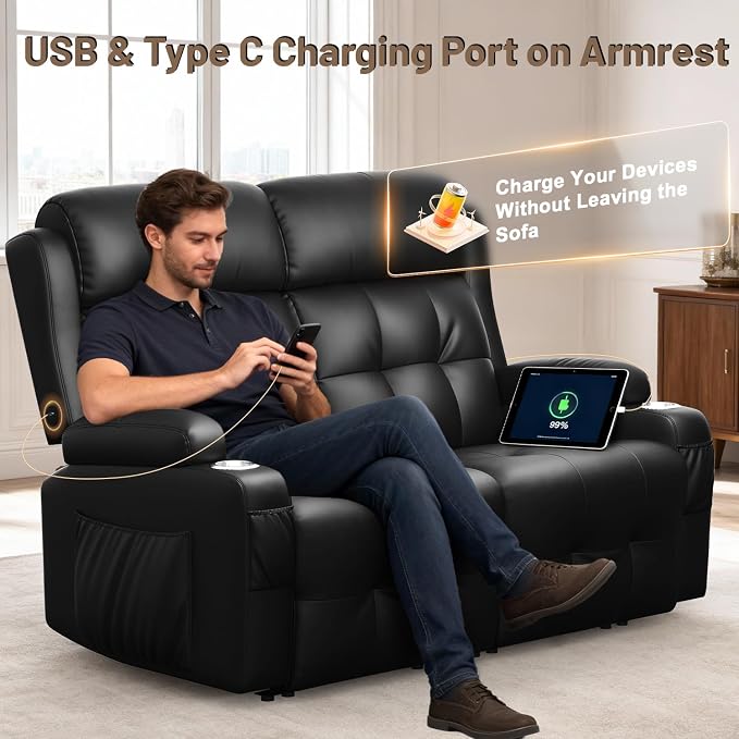 Reclining Loveseat, 55.1" RV PU Leather Wall Hugger Recliner Love Seats Sofa with Charging Station, Removable Armrest, Cup Holder, Double Recliners Couch, Manual Love Seat for Living Room