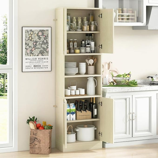 Giantex Kitchen Pantry Cabinet, 75'' Tall Freestanding Cupboard with Doors & Shelves, Safety Hinges & Anti-Tipping Devices, Storage Sideboard for Dining Room, Living Room (Light Oak)