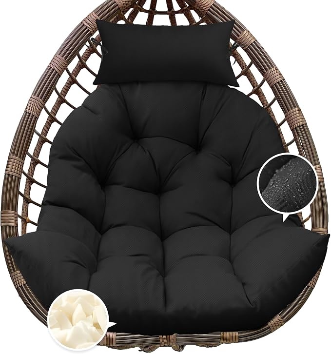 Outdoor Hanging Egg Chair Cushion Replacement, Thicken Egg Chair Cushion Waterproof Basket Eggs Chairs Cushion with Headrest Pillow, U-Shaped Cushions for Hanging Eggs Chairs Swing (Black)