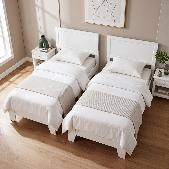 Giantex Twin Size Wooden Bed Frame with Headboard, Wood Slat Support | Modern Platform Bed with Heavy Duty Mattress Foundation, Under-Bed Storage, No Box Spring Needed, Easy Assembly (White)
