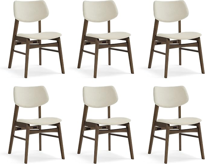 KISLOT Wooden Dining Chairs Set of 6, Upholstered Modern Dining Room Chairs, Solid Oak Wood Kitchen Chairs with Soft Cushion Backrest for Farmhouse, Restaurant, Cafรฉ (Cream Fabric & Walnut Color)