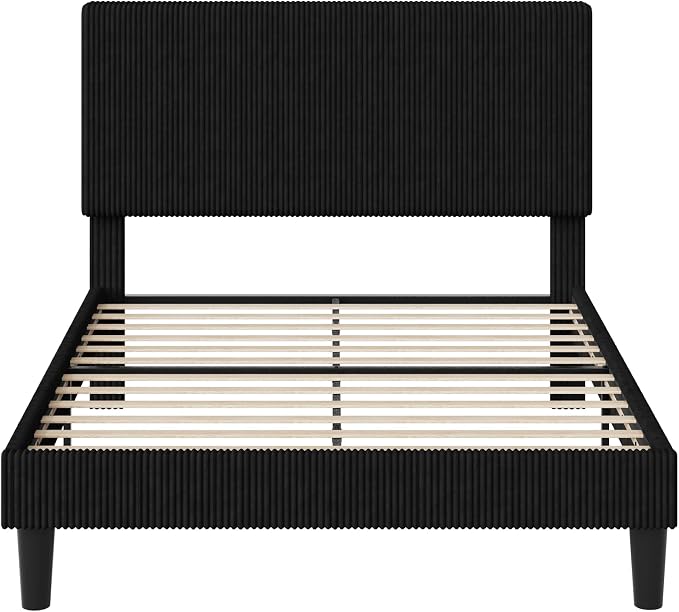 Allewie Queen Size Upholstered Bed Frame with Vertical Channel Tufted Headboard, Soft Corduroy Fabric Platform Bed, Strong Wooden Slats Support, Easy Assembly, No Box Spring Needed, Black