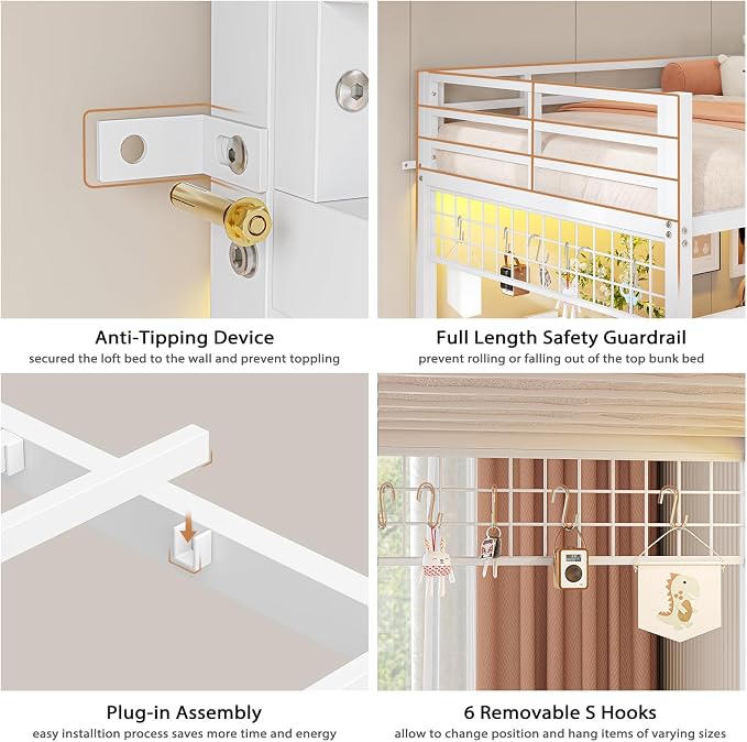 VIAGDO Bunk Bed Twin Over Twin with Hall Tree, Charging Station and LED Lights, L-Shaped Bunk Bed with Desk, 5 Storage Drawers, Twin Bunk Beds with Guardrail & Stairs, No Box Spring Needed, White