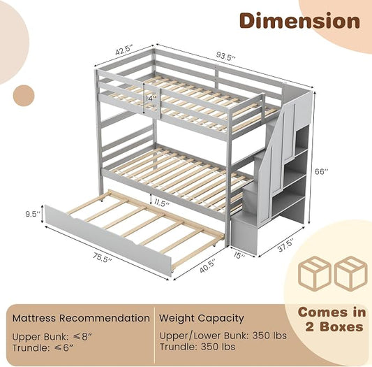 Giantex Bunk Bed Twin Over Twin with Trundle & Storage Stairs, Solid Wood Bunk Bed, Convertible to 2 Beds, Versatile Bunk Beds for Kids Teens Adults, Grey