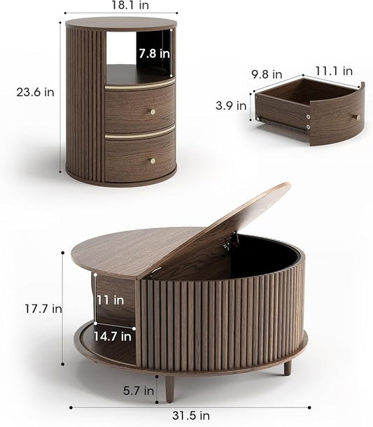 JOINICE Round Coffee Table and End Table Set,31.5" Mid Century Modern Living Room Furniture, Walnut Fluted Center Table with Storage & Matching Side Table for Small Space
