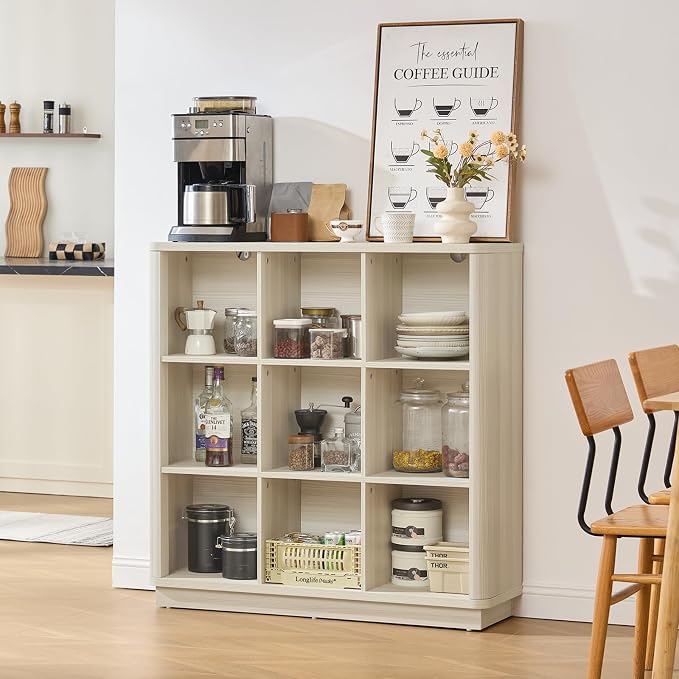 9 Cube Storage Book Shelf, 41" Tall Organizer Bookcase with Curved Edge, Wood Floor Standing 3-Tier Cubby Bookshelf with Base, Vintage Display Book Case for Bedroom,Office,White-Grey Cream Oak