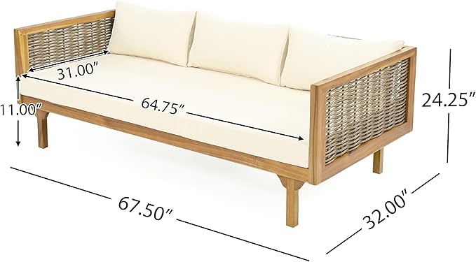 Merax Outdoor Acacia Wood Conversation Set, 3-Seat Loveseat Sofa w/Coushion and Round Coffee Table for Backyard, Patio Furniture, Teak+Beige
