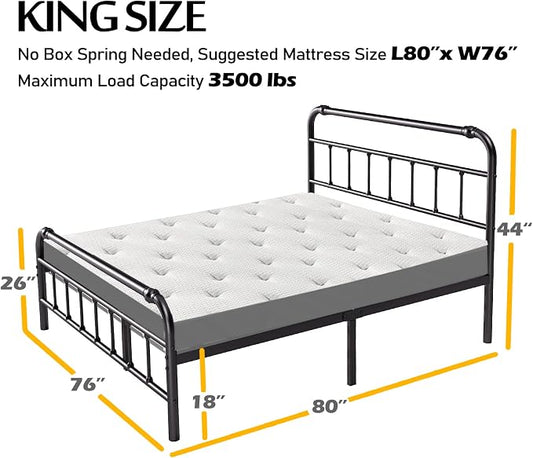 BOSRII King Size Bed Frame with Headboard and Footboard, 18 Inches High, 3500 Pounds Metal Slats Support for Mattress, No Box Spring Needed,Noise-Free, Black