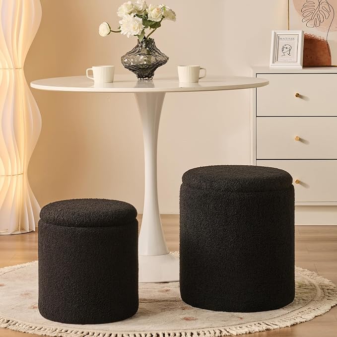 Round Ottoman with Storage Set of 2 - Upholstered Sherpa Vanity Stool for Makeup Multifunctional Ottomans Coffee Table Padded Seat Foot Rest for Living Room & Bedroom (Sherpa, Black)
