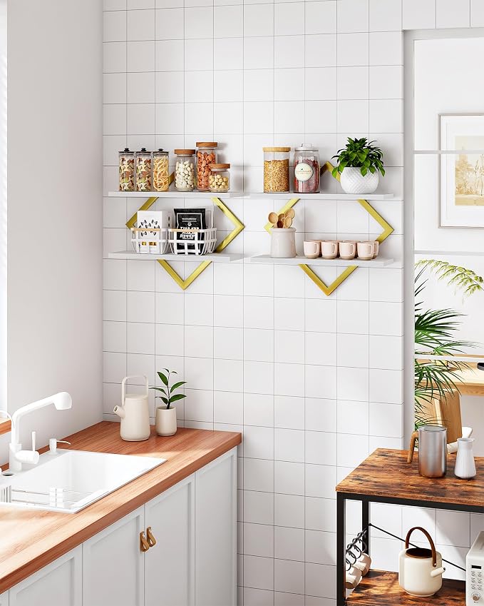 CHOEZON Floating Shelves for Wall, Set of 2 Wall Mounted Shelves, 2-Tier Hanging Shelves, for Living Room, Bedroom, Kitchen, Office, Study, Gold and White TBJ01P2JW