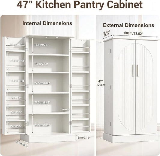 kepptory 47" Kitchen Pantry Cabinet with Doors and Adjustable Shelves, Freestanding Pantry Storage Cabinet, Farmhouse Buffet Cupboard for Kitchen, Dining Room, Living Room, White
