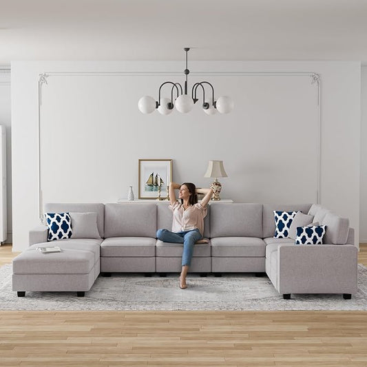Legend Vansen Oversized Modular Sectional Sofa,U/L‑Shaped Reversible Couch with Ottoman,Deep Seat Plush Polyester Sofa for Living Room,9‑Seater,Light Grey