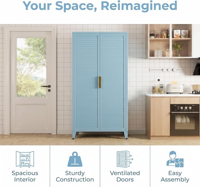 61" Tall Blue Kitchen Pantry Cabinet, Farmhouse Metal Pantry Storage Cabinets, with 2 Louvered Door and 3 Adjustable Shelves, Multipurpose Storage Organizer, for Home, Entryway, Kids Room