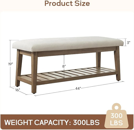 Zihanhome Entryway Bench, Chenille Upholstered Shoe Benches for Bedroom, Ottoman Bench with Solid Wood Shelf, Storage Benches for Hallway, Living Room(Beige)
