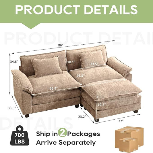 Oprisen 86" Modular Sectional Sofa, Comfy Cloud Couch Sectional Sofa with Ottoman, Chenille Sofa Sleeper Deep Seat Sofa with Throw Pillows for Living Room (Khaki, 86"- L Shape)