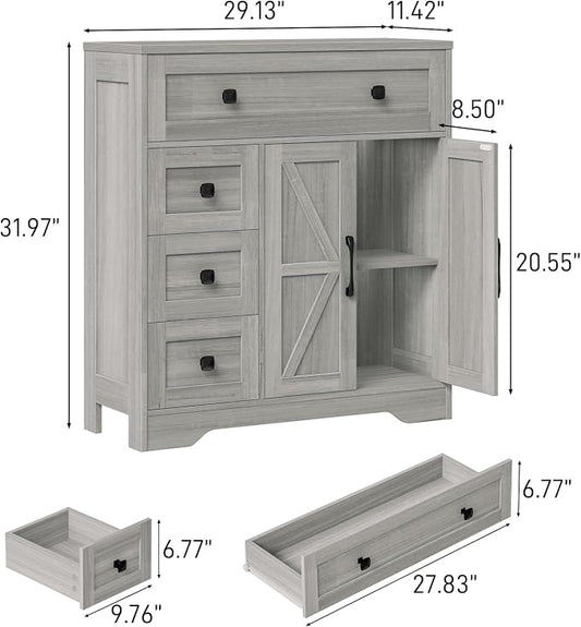 Vabches Farmhouse Storage Cabinet with 2 Doors and 4 Drawers, Freestanding Bathroom Storage Cabinet Kitchen Pantry, Floor Hutch Cupboard for Bathroom/Living Room/Kitchen.(Wash Grey