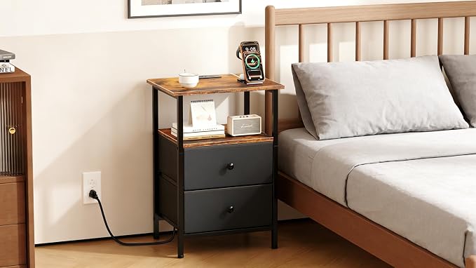 Nightstand with Charging Station, Bedside End Table with 2 Fabric Drawers for Bedroom, Side Table with USB Ports and Outlets (Brown Black)