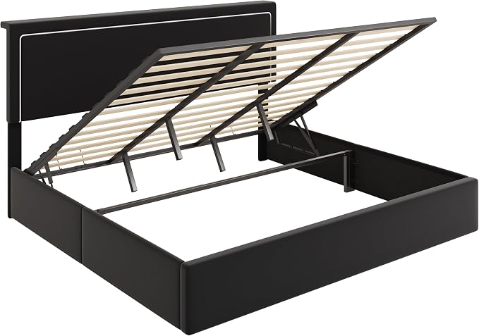 Allewie King Size Lift Up Storage Bed Frame with Charging Station & LED Lights, Adjustable Velvet Upholstered Storage Headboard, Type-C & USB Ports, Hydraulic Support, No Box Spring Needed, Black