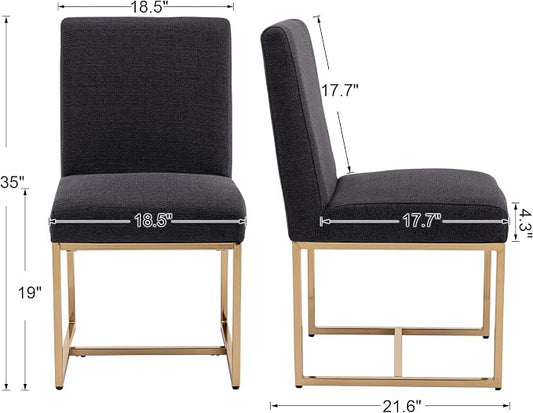 CIMOTA Black Modern Dining Chairs Set of 4, Upholstered Linen Dining Room Chairs Armless Side Chair with Gold Base for Kitchen, Charcoal Black, 4PCS