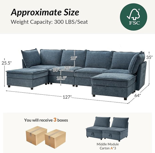 HULALA HOME 127'' Modular Sectional Sofa, Oversized U Shaped Couch with Storage Ottoman, Comfy Chenille Sofa with Deep Seat, 6 Seat Convertible Couches for Living Room, Blue