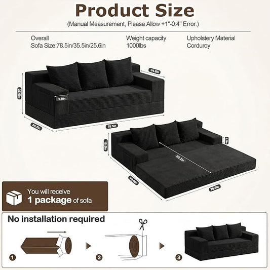 cidludto Convertible Sofa Bed, 78" Oversized Boneless Loveseat Couch 2 in 1 Foldable Futn Bed Couch in A Box, Folding Sofa Chair for Living Room, No Assembly Required, Black