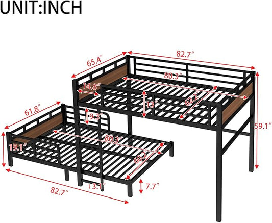 Queen Over Queen Metal Bunk Bed, Heavy Duty Convertible Bunk Bed Frame with Headboard & Full Guardrails, Can Be Split into Two Platform Beds or Loft Bed,Walnut