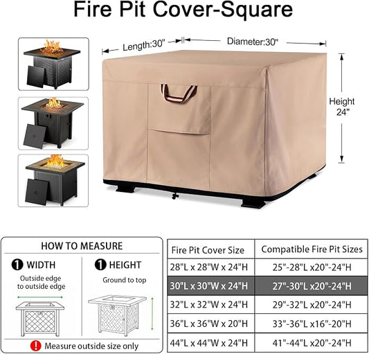 QH.HOME Fire Pit Cover Square-29-30 Inch Heavy Duty 900D Strong Tear-Resistant and UV Resistant and Waterproof and Fading Resistant Material Polyester Firepit Covers for Outdoor Fire Table-Wheat