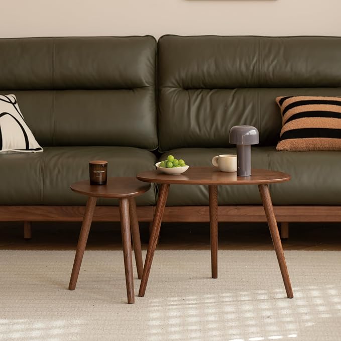 Small Oval Coffee Table, Mid Century Modern Coffee Table for Living Room, 100% Solid Oak Wood Side Table End Tables for Home (Walnut Color, 19.68" Wx13.38 Dx17.71 H)
