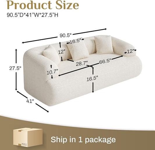 91" Boneless Couch,Cloud Couch,Chenille Curved Sofa with 3 Seater and 3 Pillows, Modern Compression Sofa for Living Room, Bedroom and Apartment, No Assembly Required, Beige White