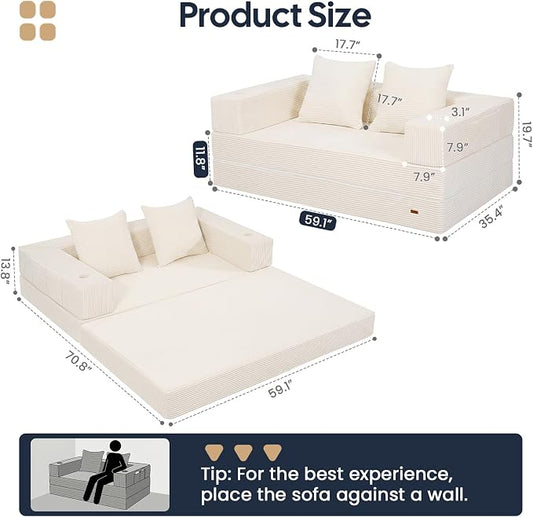 COMAX Futon Sofa Bed, Convertible Sofa Bed, Folding Boneless Couches | Boneless Couch for living room, 4‑in‑1 Fold Out Small Foldable Loveseat Floor Sleeper Mattress Lounge Space‑Saving, Beige