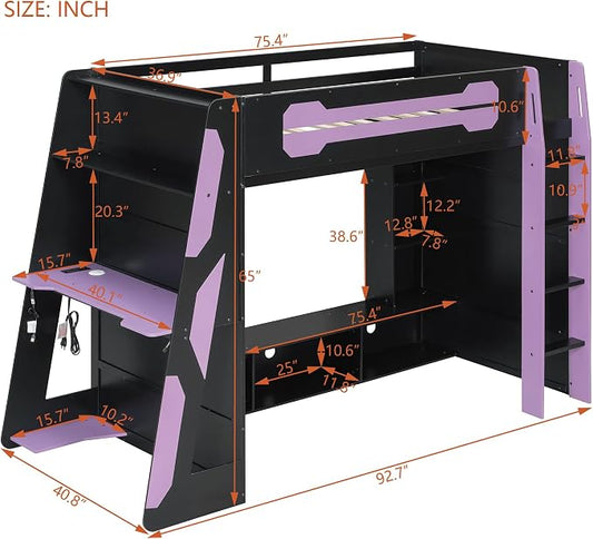 Merax Twin Size Loft Bed with Desk, Multi-Storage Shelves and RGB Light | Space-Saving Wooden Gaming Bed Frame with Charging Station and Guardrail