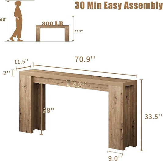 70.9 Inch Extra Long Console Table, Farmhouse Entryway Table with Thickened Base, Wood Sofa Table Behind Couch Table, Narrow Entryway Accent Table for Living Room, Hallway, Entrance, Foyer, Brown