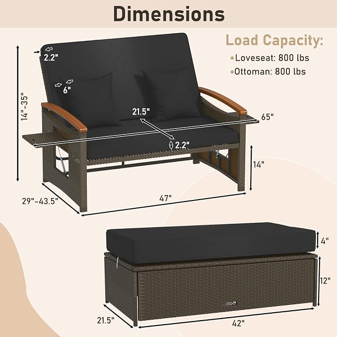 LDAILY Moccha Outdoor Wicker Daybed, Patio Rattan Loveseat Sofa w/ 4-Level Adjustable Backrest, Folding Panels, Storage Ottoman & Cushions, Lounge Furniture Set for Poolside Backyard Porch (Black)