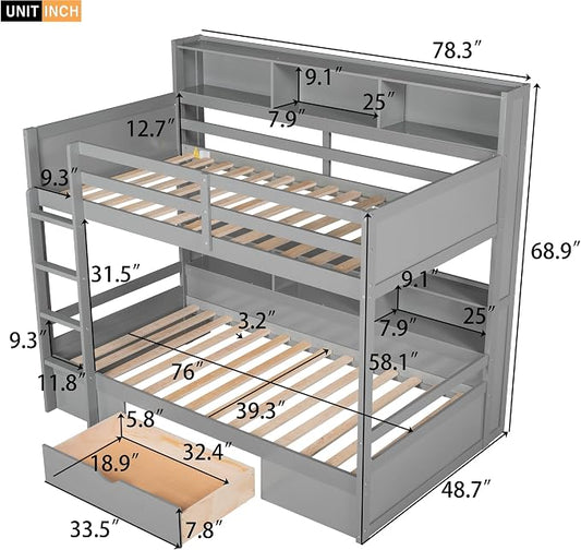 RUNNA Twin Bunk Bed with Storage Drawer,Shelves,Ladder,Gray | Twin bunk bed with storage drawer, shelves, ladder, guardrails, solid wood, no box spring needed, white, kids teens