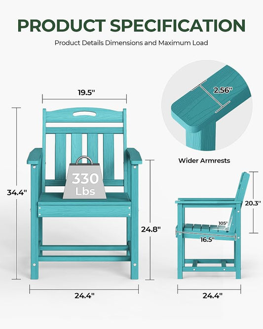 Set of 2 Weatherproof Patio Chairs - HDPE Outdoor Dining Chairs with Wide Seat, Ergonomic Design - for Garden, Backyard, Deck - Lake Blue