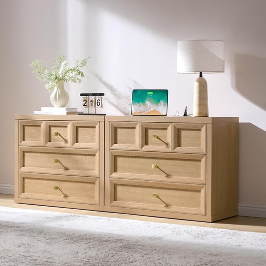3-Piece Bedroom Set, 5 Drawer Tall Dresser and 3 Drawer King Size Nightstands Set of 2 with Charging Station, 3 Piece Farmhouse Wood Bedroom Dresser and Nightstand Sets, Natural