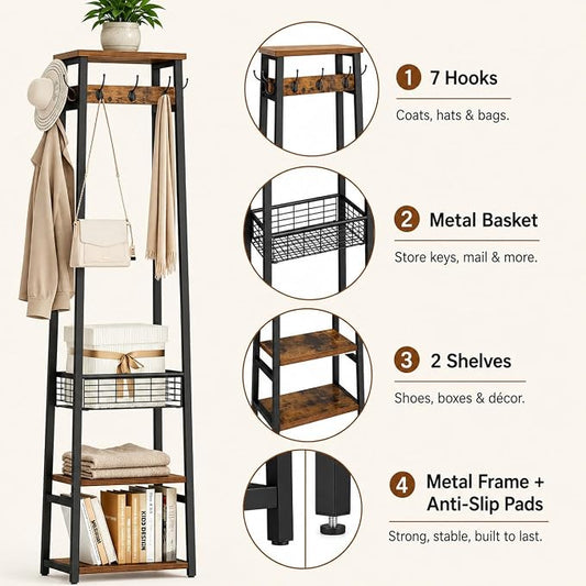 Coat Rack Freestanding, Coat Stand with Metal Basket and Storage Shelves, Hall Tree Free Standing with and 7 Hooks, Clothes Rack Stand Organizer, Rustic Brown and Black