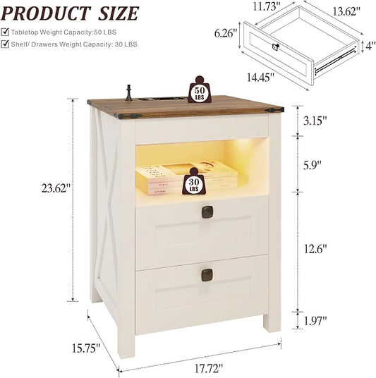 TAGELIER Farmhous Nightstand with Gun Drawer,Bedside Table with Charging Station, Gun Night Stand with LED Light & Human Sensor,Smart End Table for Bedroom, Antique White