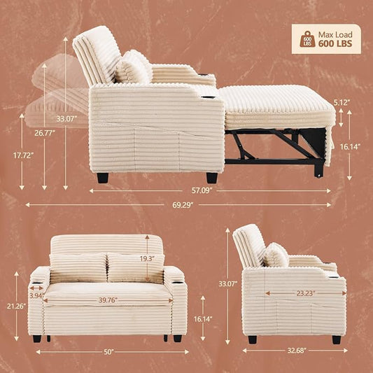 VINGLI Beige Futon Sofa Bed Convertible Loveseat Sleeper Sofa Couch, Corduroy Pullout Sofa Fold Out Couch Bed with USB Ports, Cup Holders, Armrest for Living Room, Bedroom Apartment Room