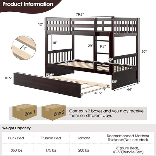 KOMFOTT Wood Twin Over Twin Bunk Bed with Trundle, Solid Pine Wood Bunk Bed Frame with Ladder & Safety Guardrails, Space-Saving Convertible Twin Bed Frame for Home & Dormitory, No Box Spring Needed
