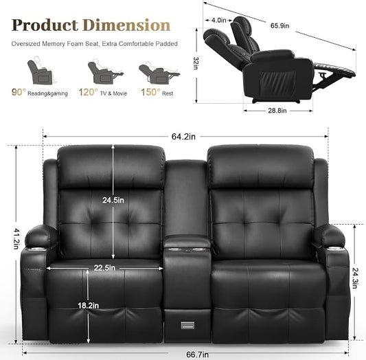 880LBS Big and Tall Reclining Loveseat, Loveseat Recliner with 8-Gear Silent Massage, 90% Pre-Assembled Home Theater Seating with USB-A & Type-C, Wall Hugger Recliners RV Loveseat Sofa for Living Room