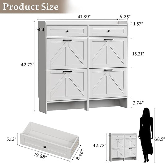 BORNOON Shoe Storage Cabinet for Entryway, Farmhouse Wide Shoe Cabinet with 4 Flip Drawers and 2 Top Drawers, Freestanding Organizer with Adjustable Shelves, Hooks, and Anti-Tip Kit for Hallway